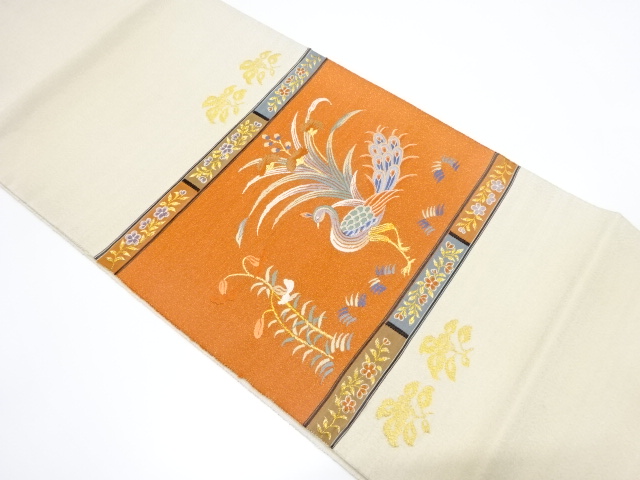 アンティーク　綴れ　孔雀に草花模様織り出し袋帯（材料）